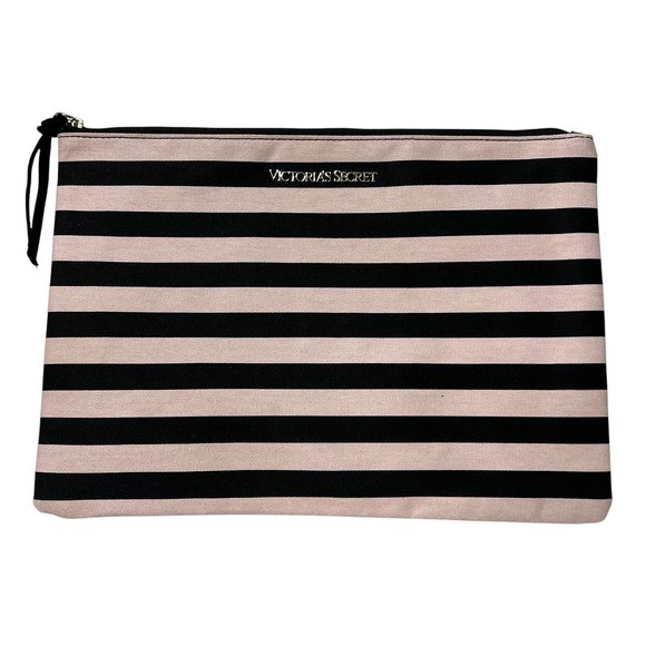 Victoria's Secret Pouch‎ Cosmetic Bag Stripe Travel Accessory Black Pink Canva - Picture 1 of 6